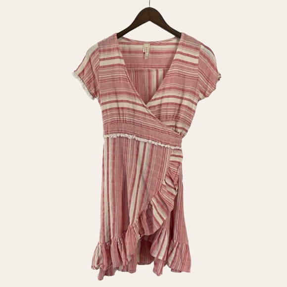 RAGA Dresses & Skirts - RAGA Red and Cream Striped Linen‎ Wrap Dress